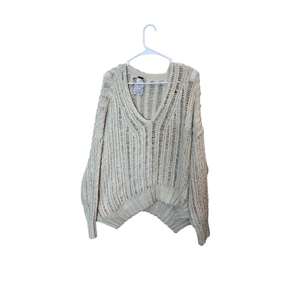 Free People Sweater Womens XS/S White Open Knit Chunky V Neck Hi Low Hem Cotton